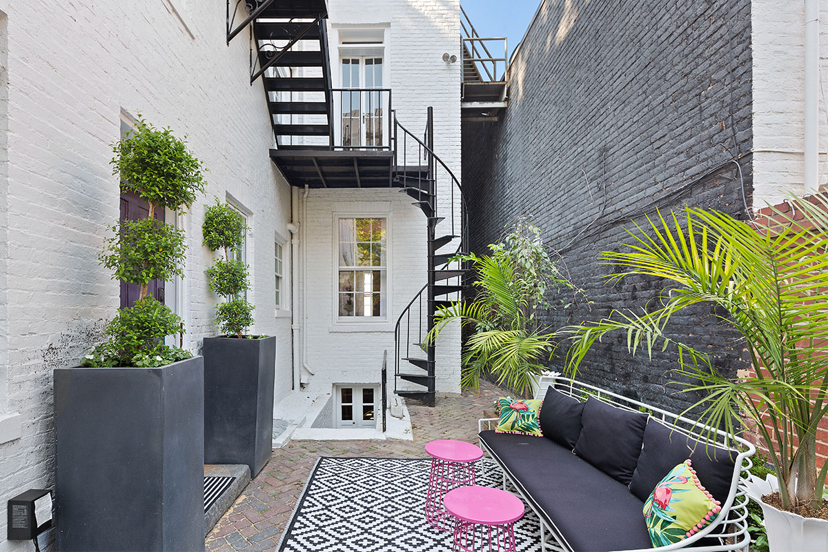 outdoor patio with spiral staircase