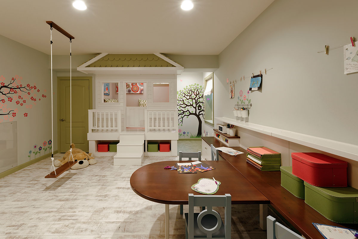 playroom with swing attached to ceiling