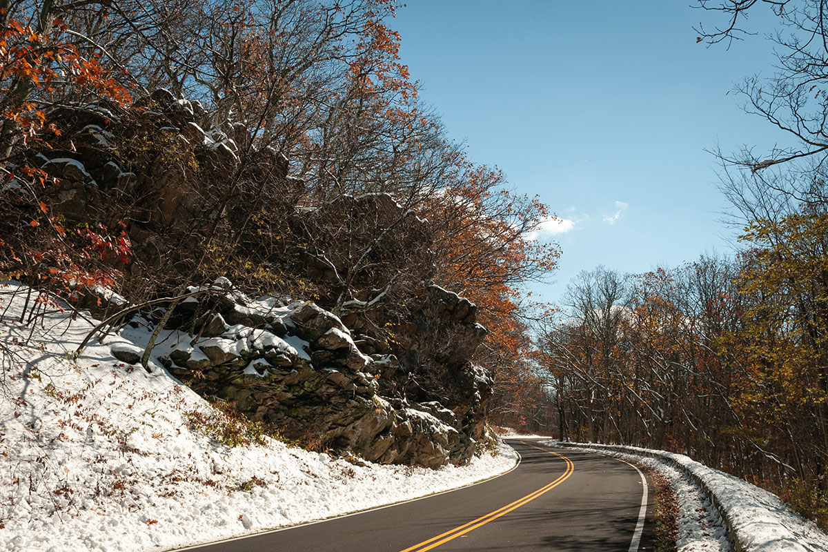 road on mountain in virginia with snow