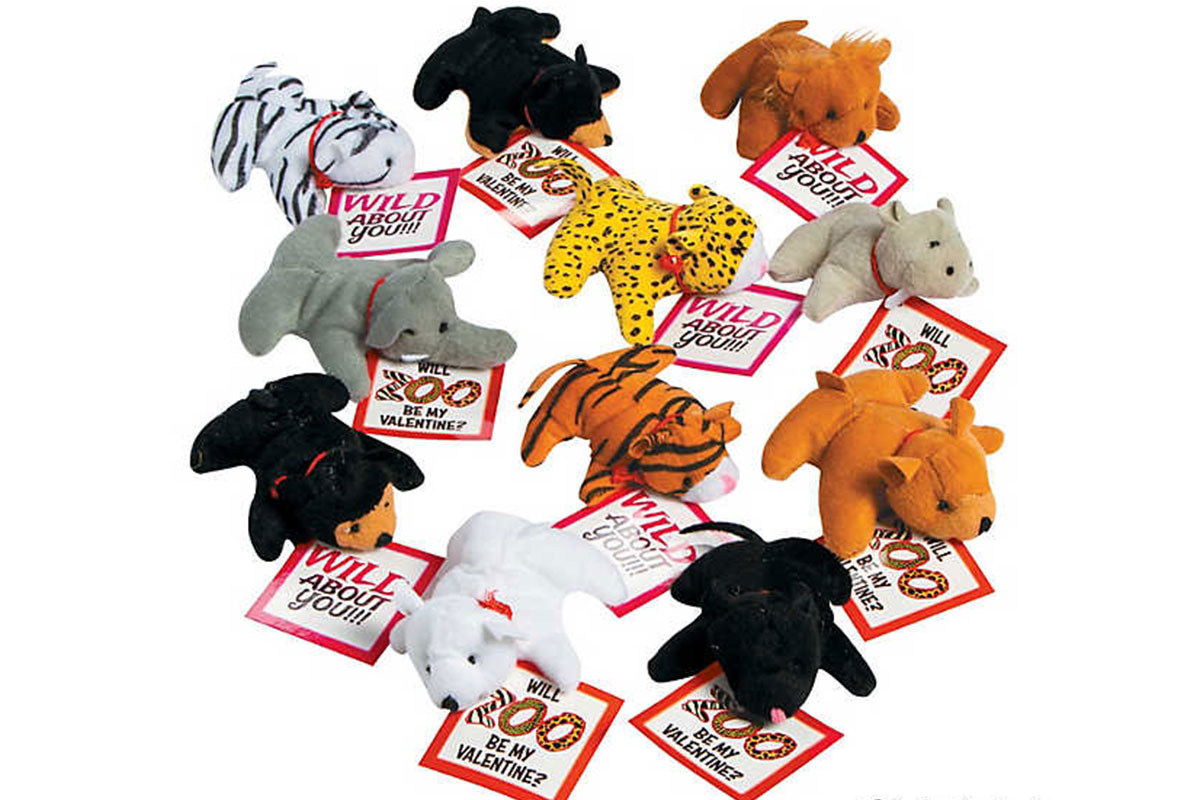 stuffed zoo animals attached to vday cards