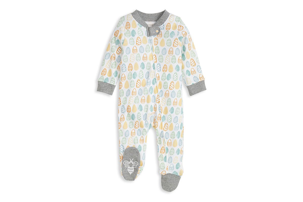 white and gray baby onesie with easter eggs