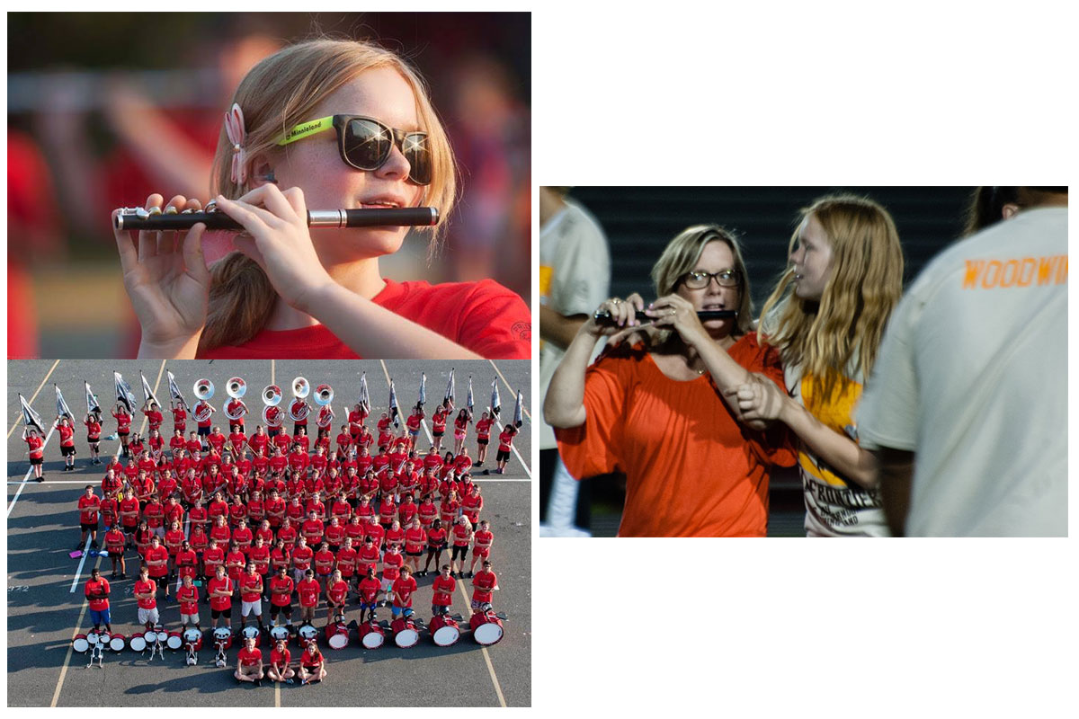 three images, all with people in red shirts