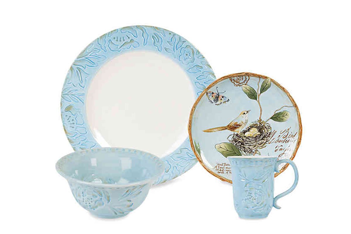 blue and green plates, bowl, cup