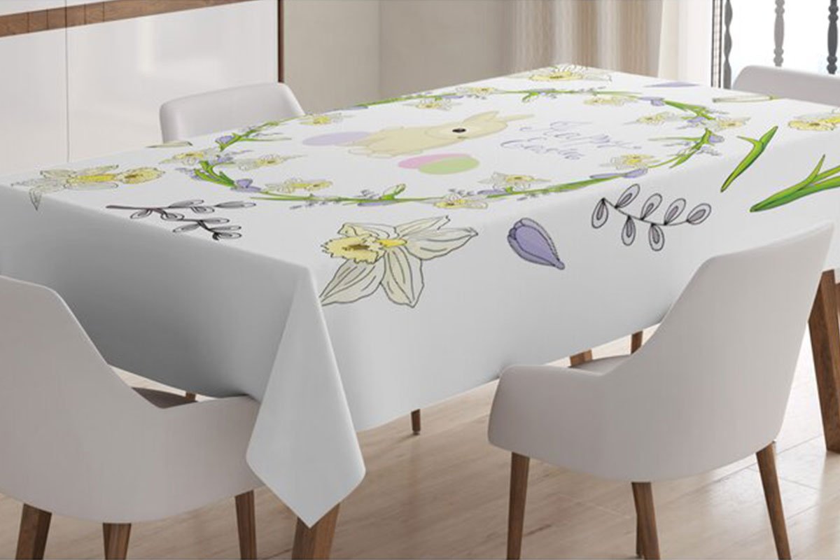 white, easter-themed table cloth