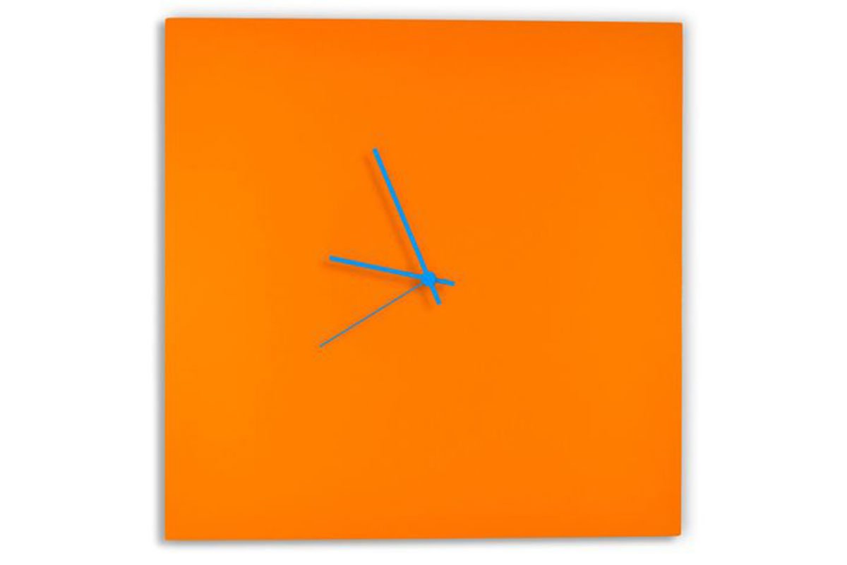 orange square clock with blue hands