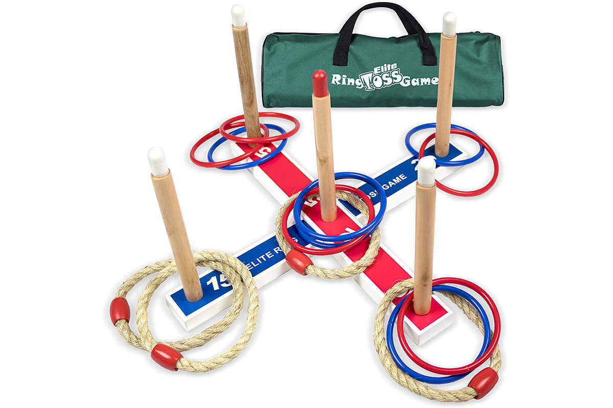 ring toss game with red and blue rings and wooden prongs