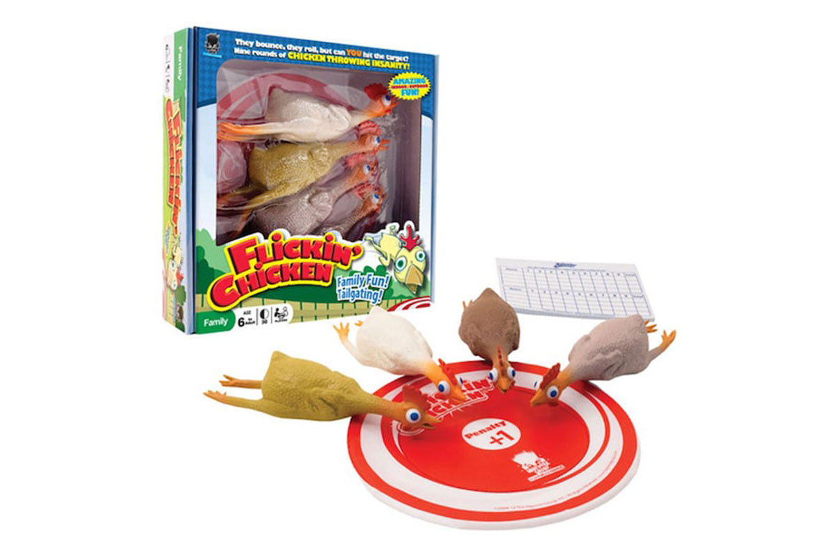 flickin' chicken game with rubber chickens and red target