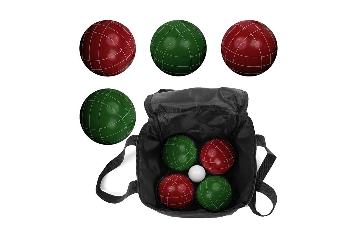 black bag with red and green bocce balls