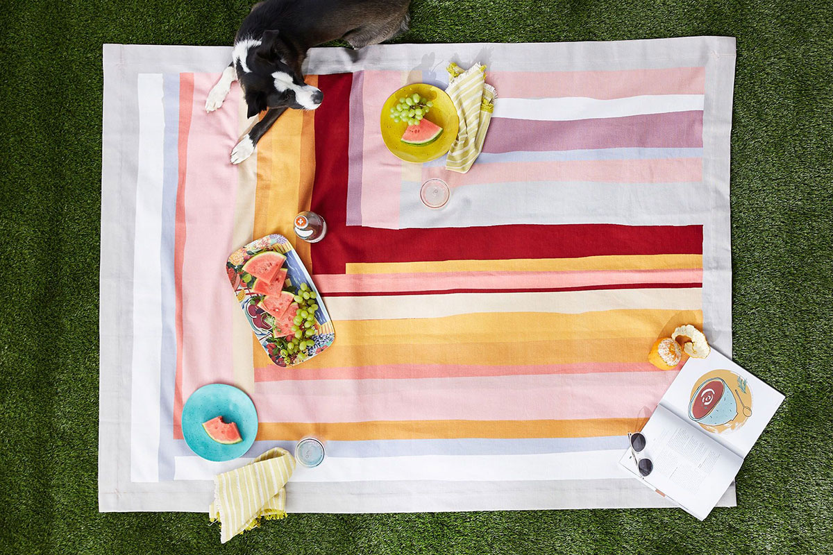 rainbow picnic cloth with dog on it