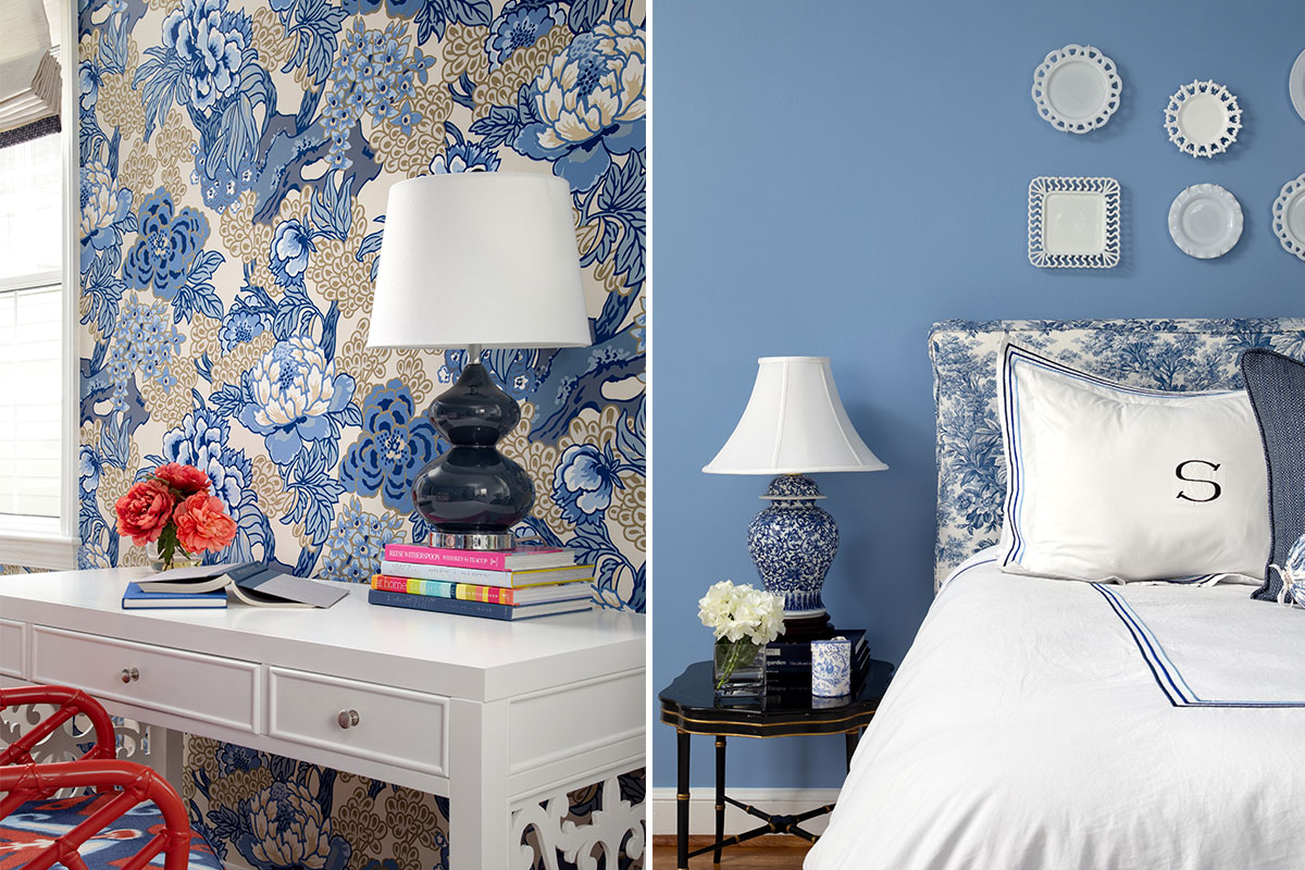 room with white desk and floral wallpaper and bedroom with blue walls and white bed