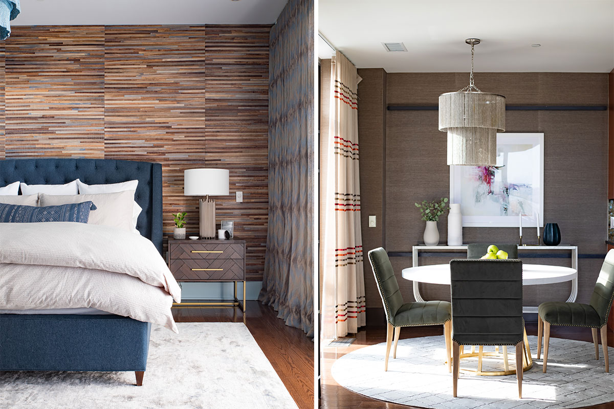 two transitional design rooms with a bedroom and dining room