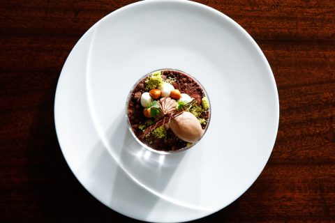 white plate with chocolate dessert in center with green