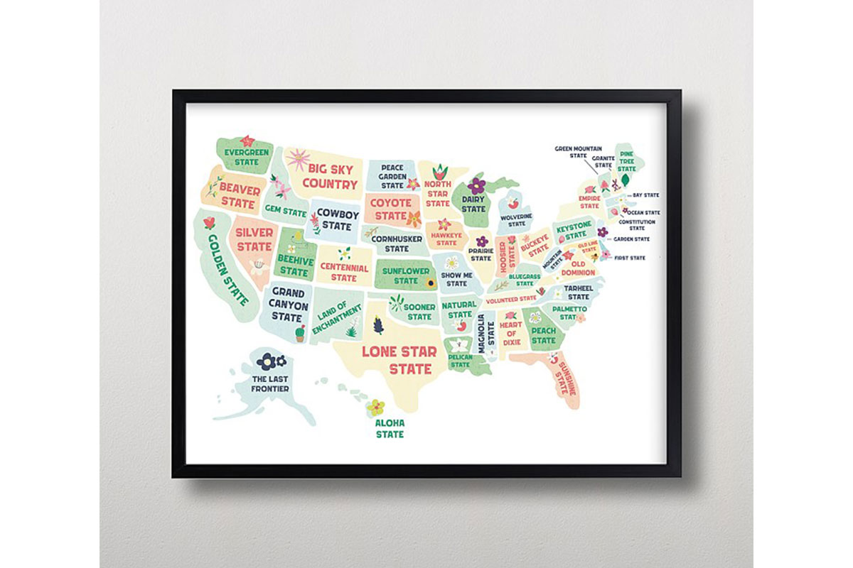 united states map wall art with nicknames
