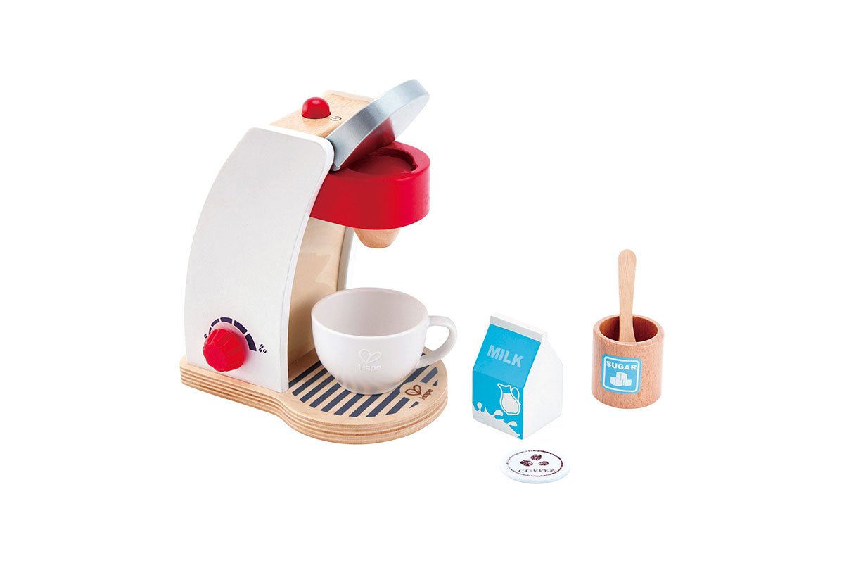 wooden kids toy coffee maker with cream and sugar