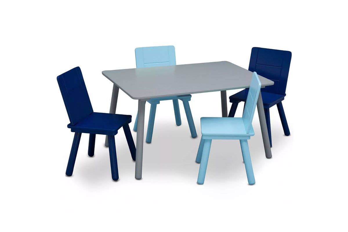 gray kids table with four blue chairs two light blue and two navy