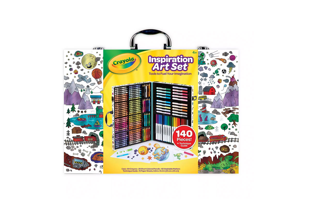 crayola art set with markers colored pencils and crayons in yellow container
