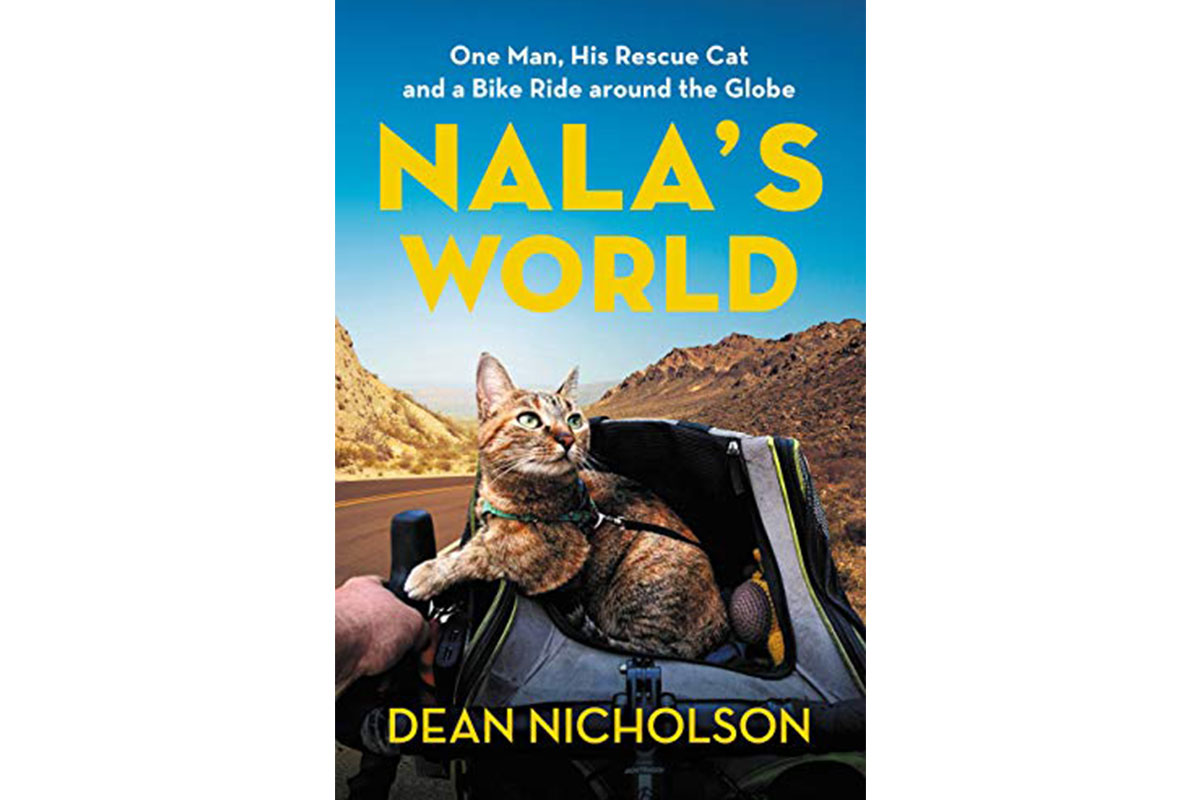 book cover with brown and black cat in mountains