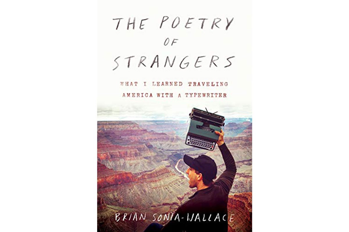 man holding a typewriter at the grand canyon book cover the poetry of strangers