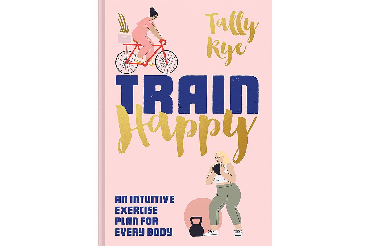pink book cover train happy with illustrations of woman biking and lifting wieghts