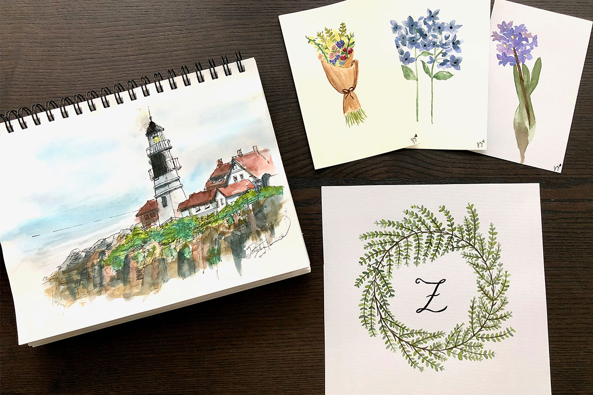 watercolor artwork with flowers and a lighthouse