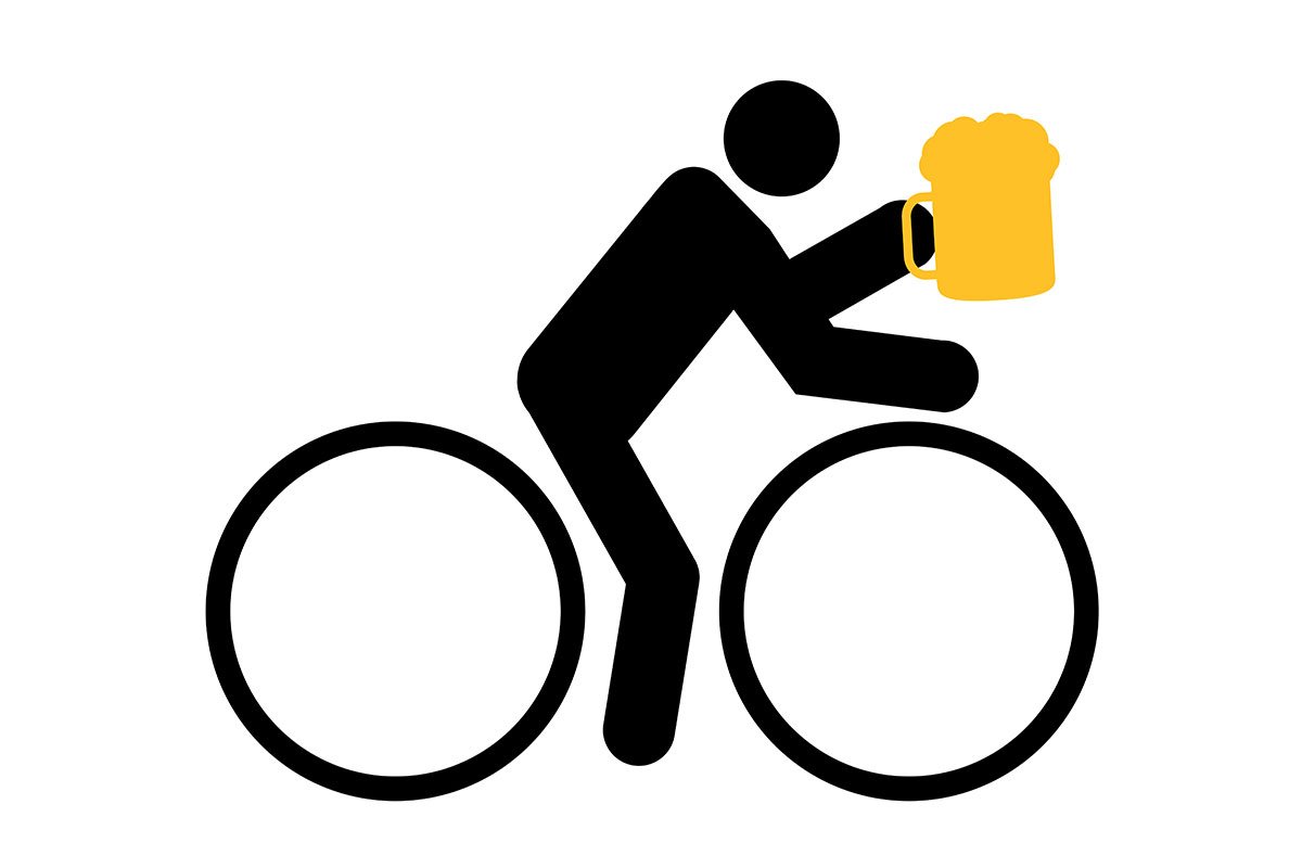 drawing of a man on a bike with a beer in hand