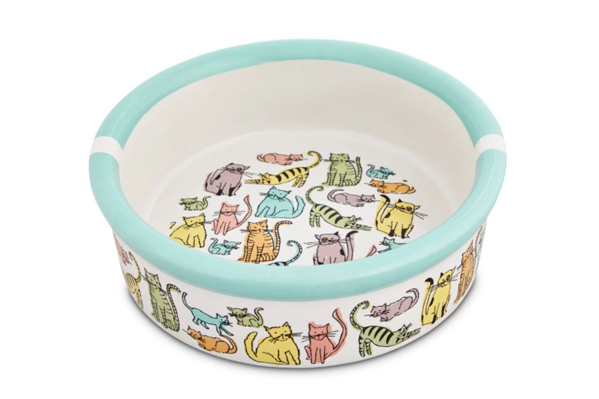 cat bowl with printed cartoon cats on it