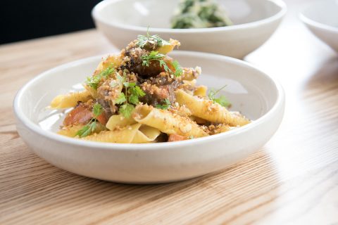 white pasta in a white bowl