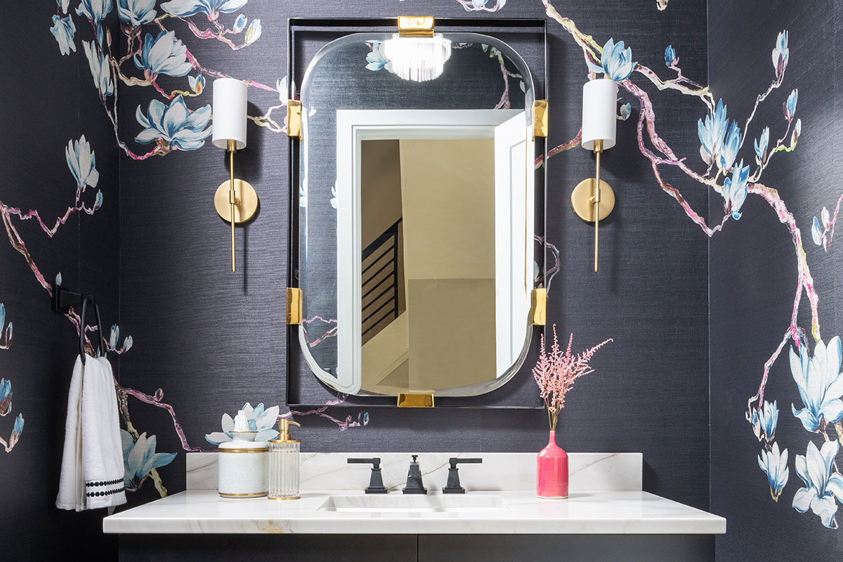 5 Local Interior Designers Create, Blue Powder Room Sink Vanity