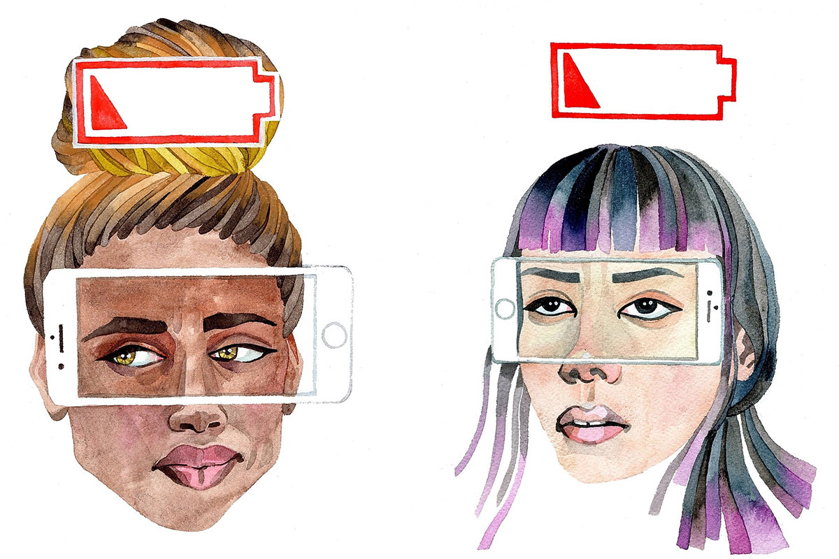 two drawings of people with iPhones on their faces