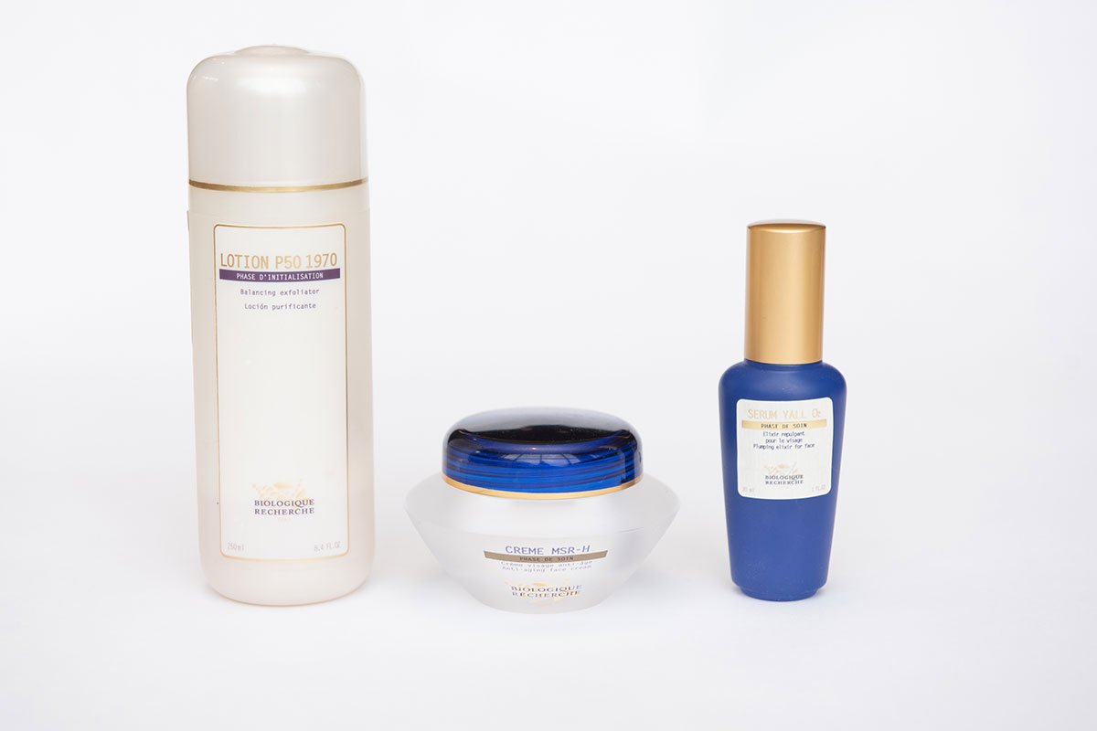 three blue and white face products