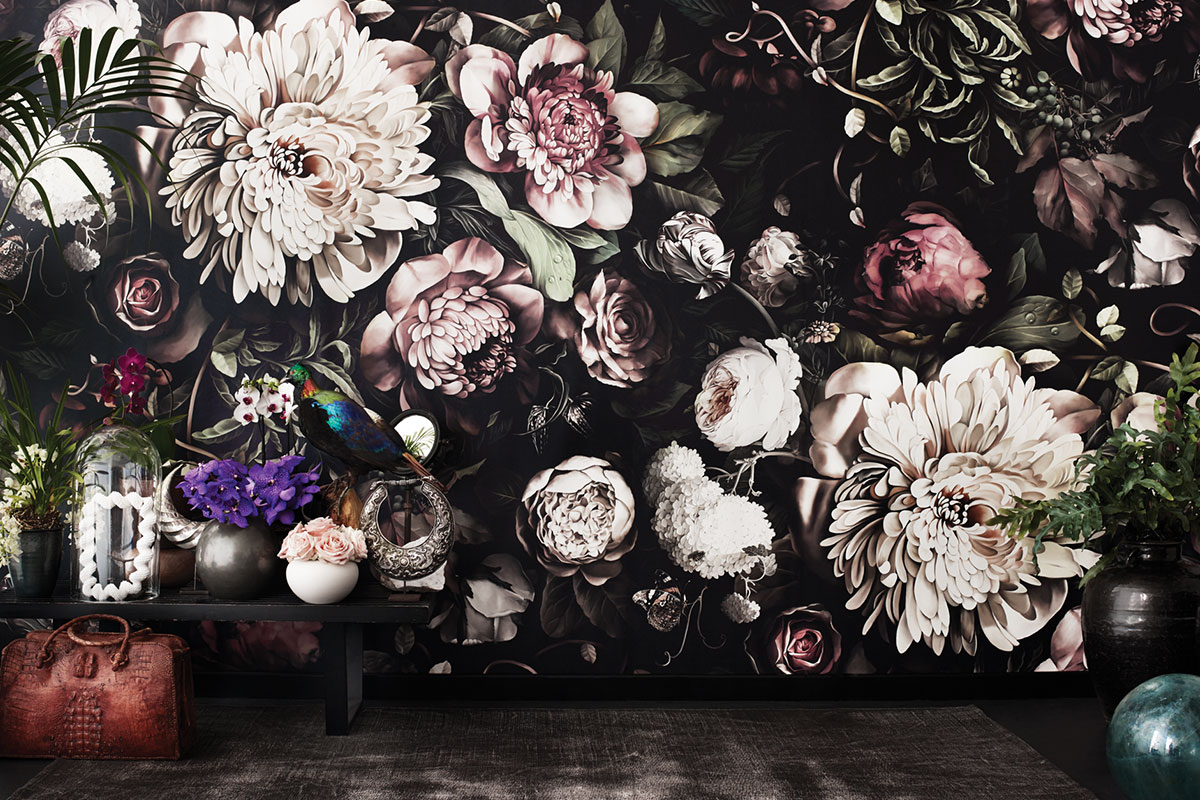 black wallpaper with large flowers pink peonies white big flowers dramatic