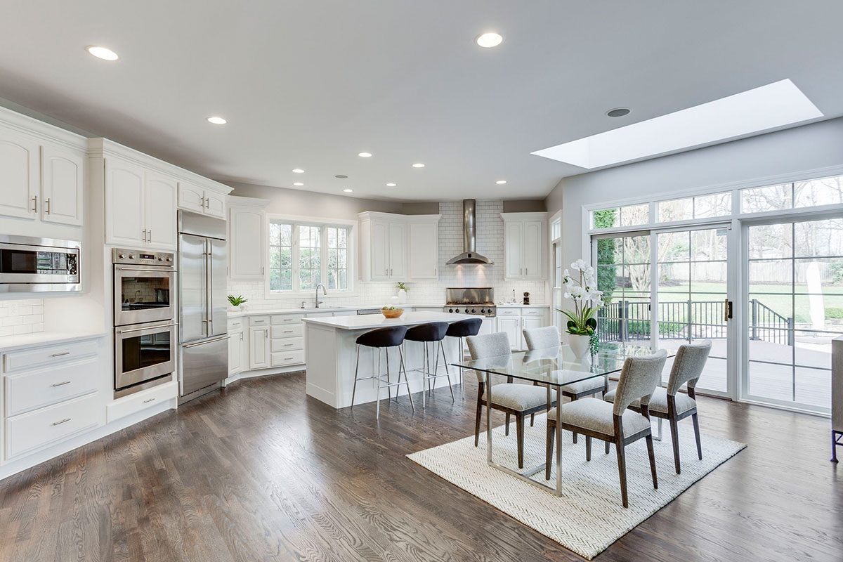 open floor plan kitchen with white cabinetry