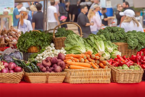 baskets of vegetables and fruit