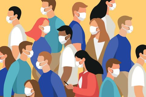 illustration of people standing in white face masks