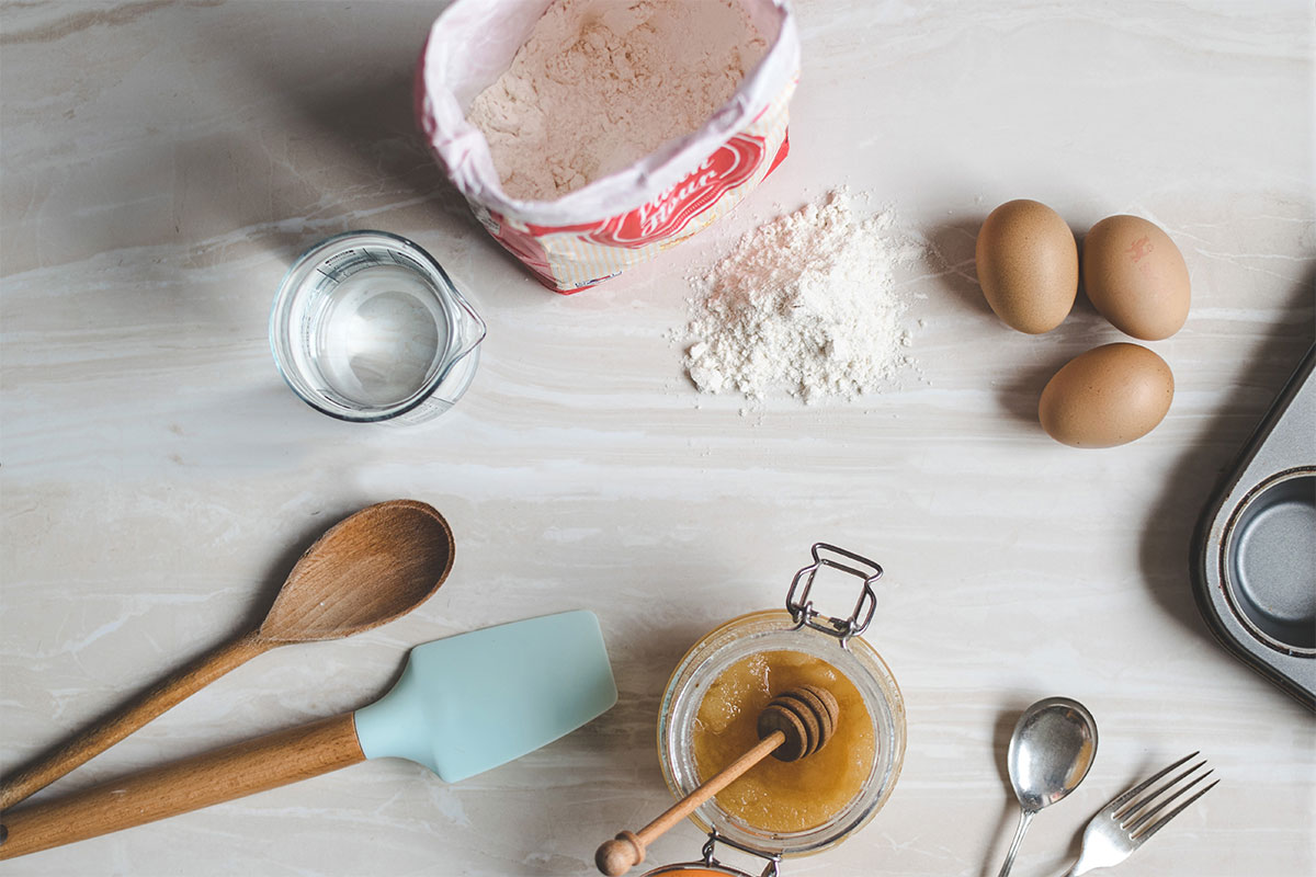 baking tools with eggs and flours