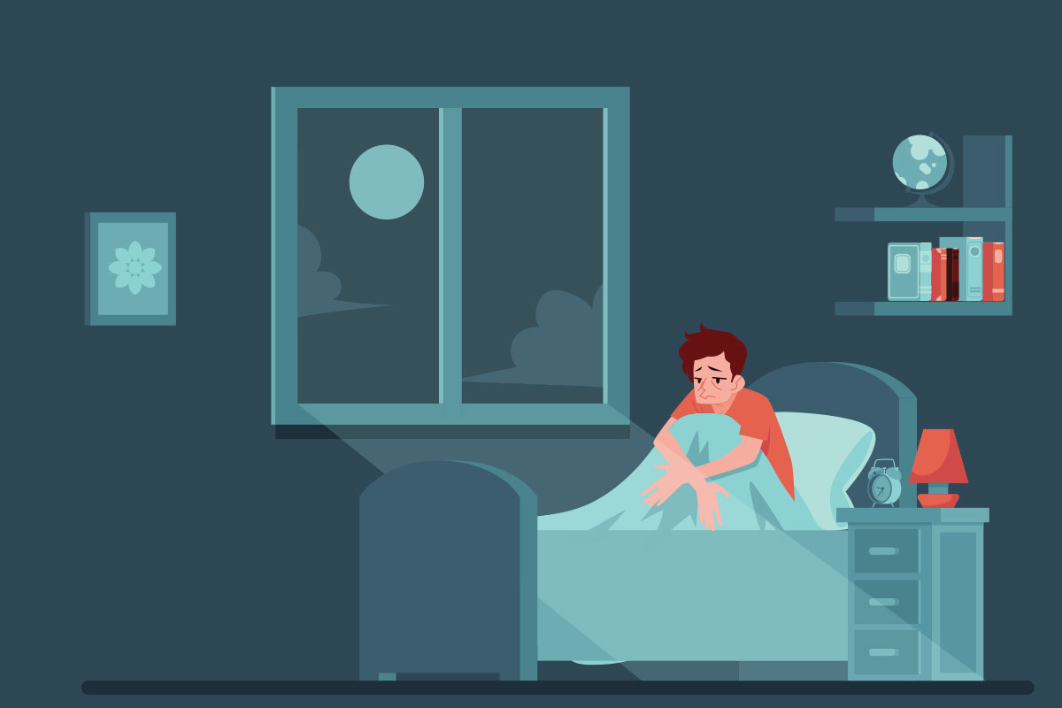 insomnia cartoon of man laying awake in bed
