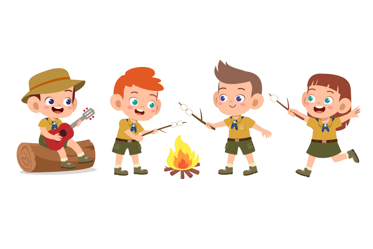 cartoon of kids around a campfire dressed up as park rangers