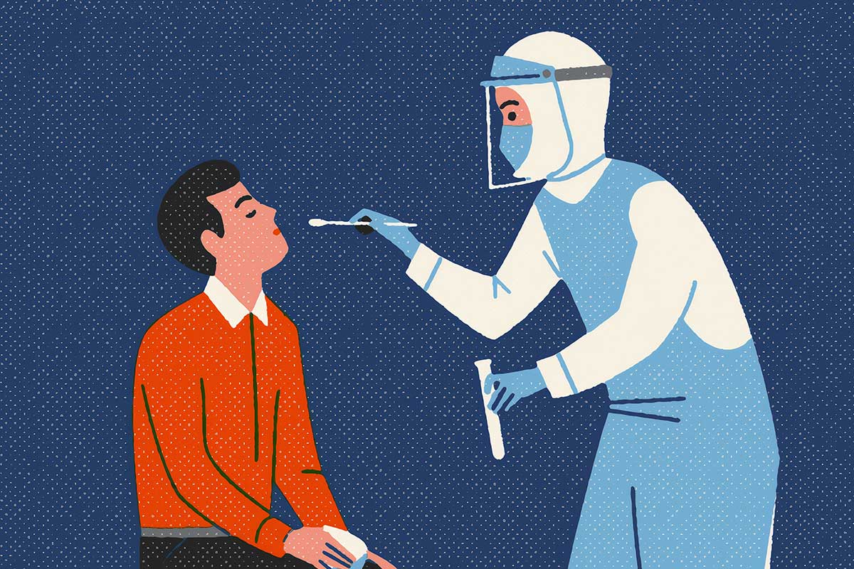 illustration of person in red sweater being tested for covid-19 with doctor in white and blue ppe