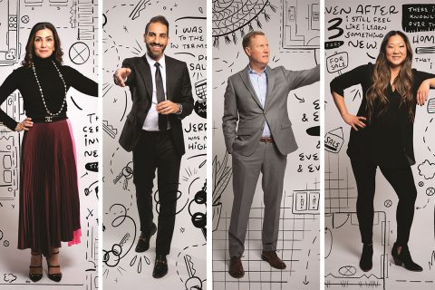 realtors standing in front of gray background with doodles
