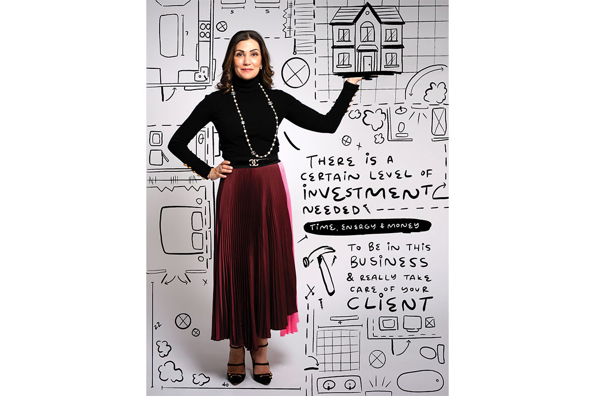 realtor with red skirt and doodles