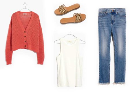 orange sweater with white tank top and vintage jeans with brown and gold sandals