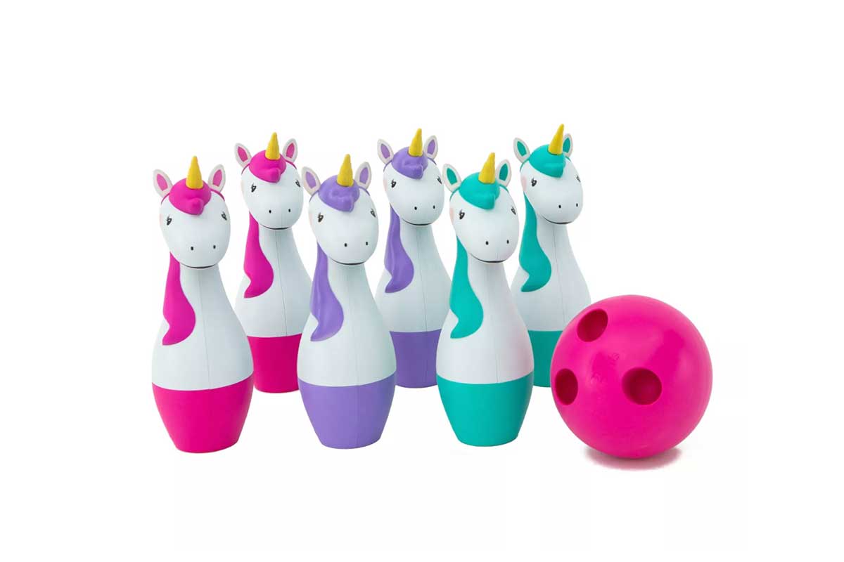 unicorn backyard bowling game with unicorns