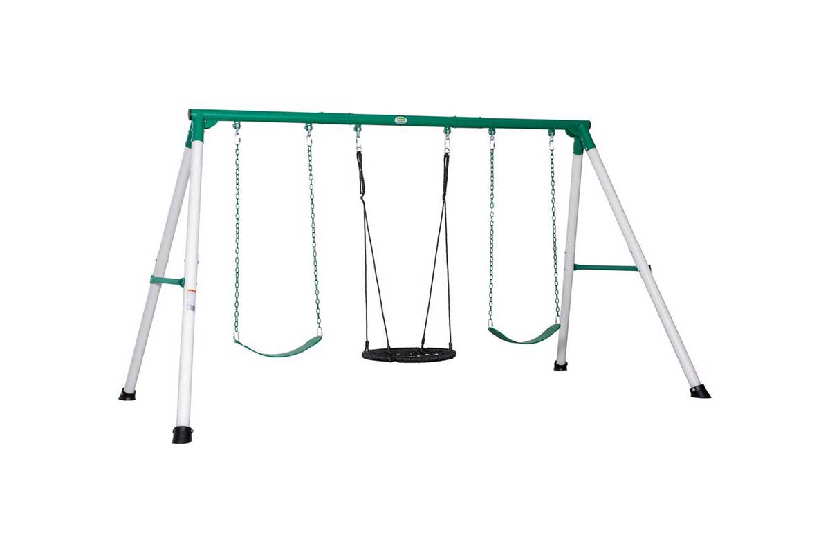 swing set with white and green polls on white background