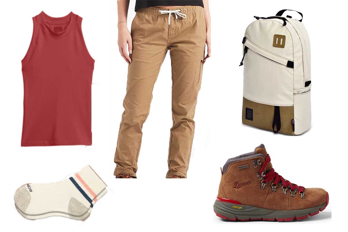 hiking outfit with red tank top and brown pants and socks and boots and backpack