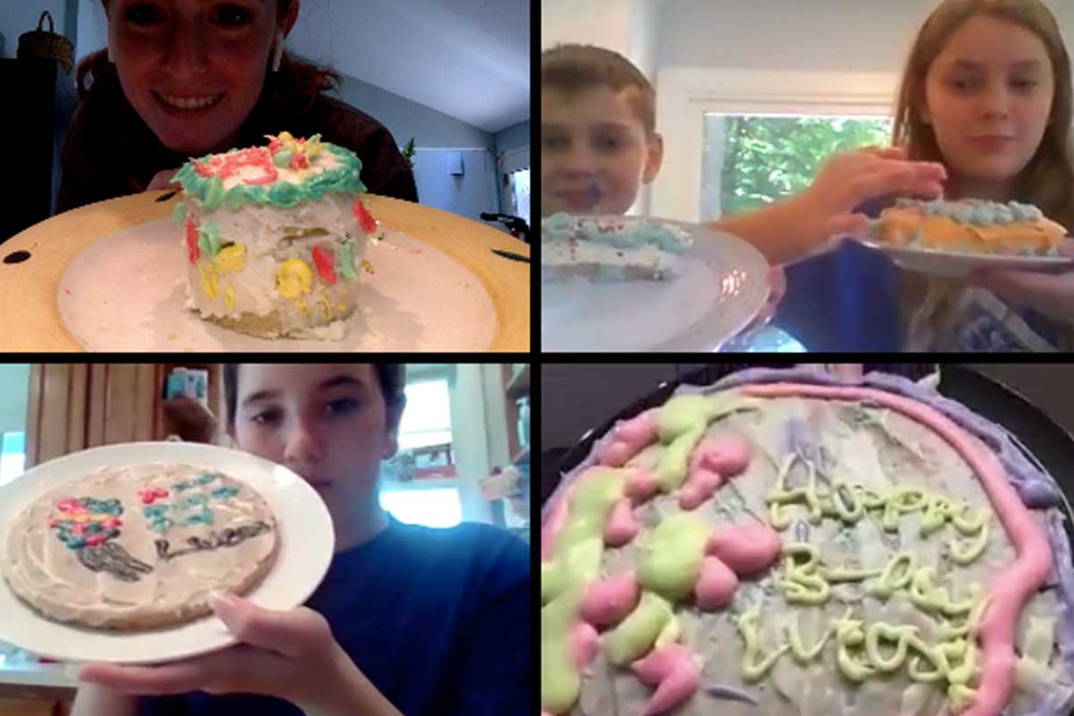 screenshot of zoom call with kids holding cakes