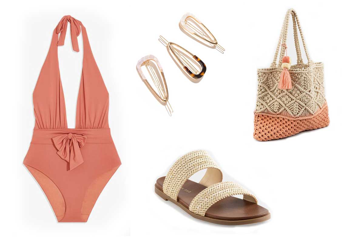 peach bathing suit with tan purse and tan sandals with hair clips