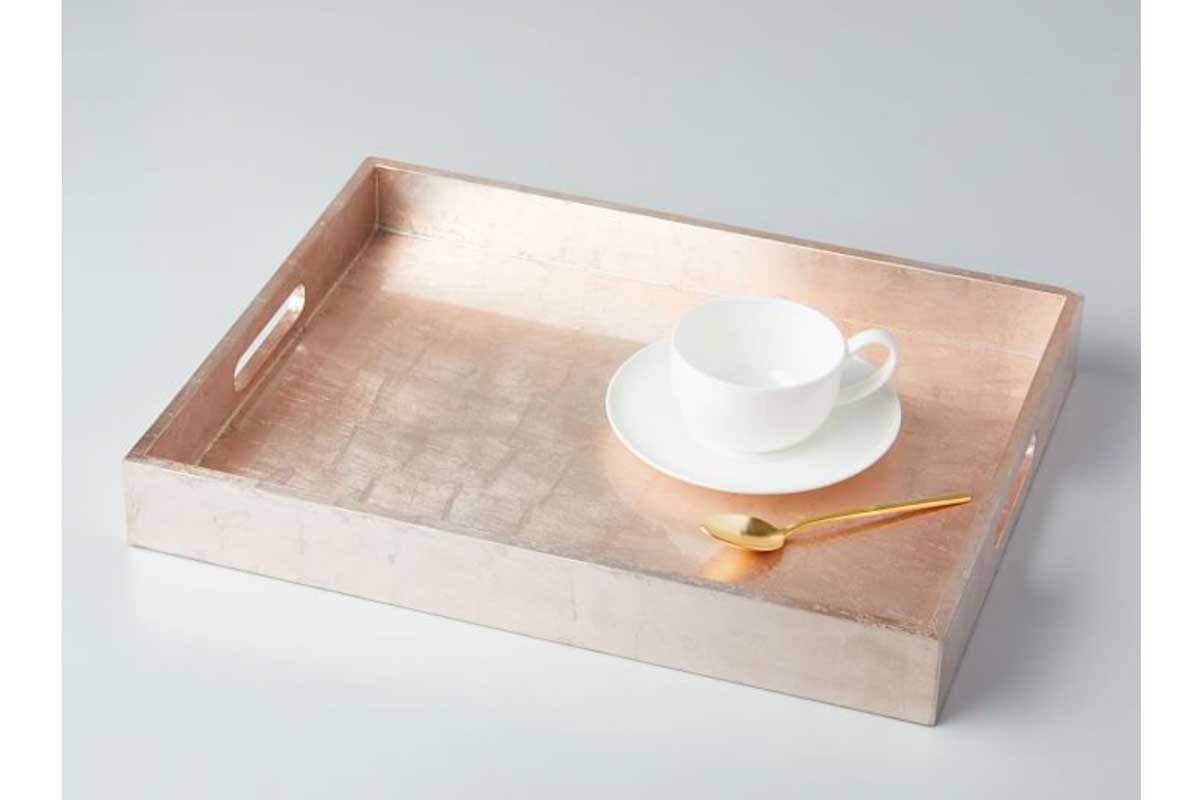 metallic blush rose gold wooden tray with white tea cup and gold spoon