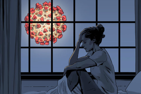 cartoon of woman in bed thinking about covid-19