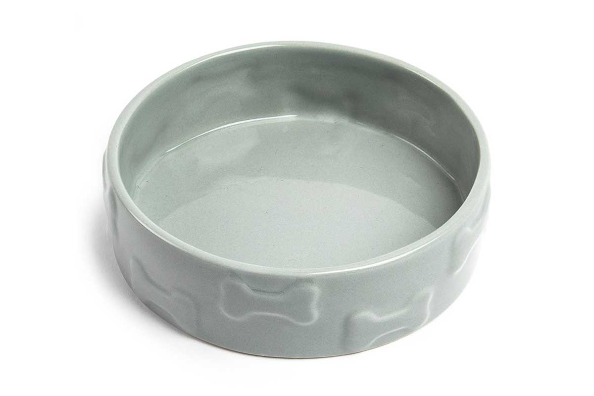 Grey dog bowl with bone design
