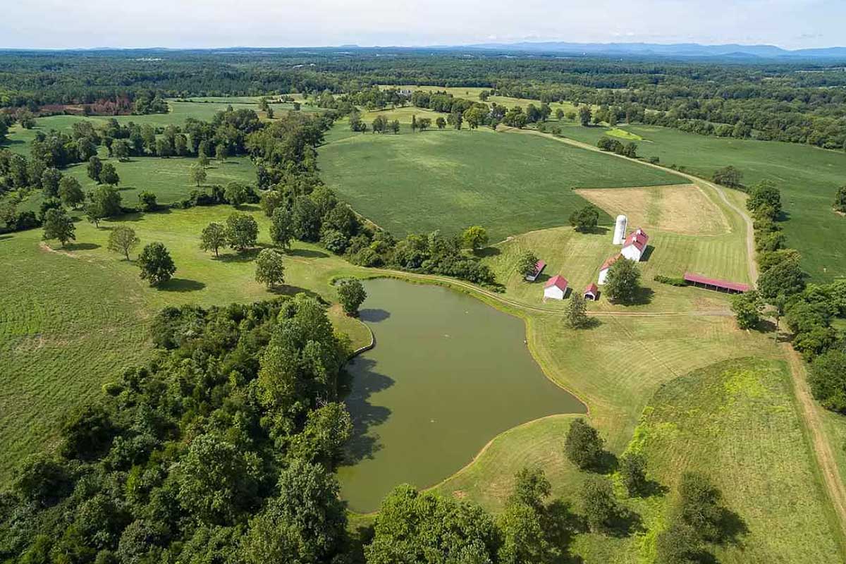 aerial view of lake and fields in northern virginia